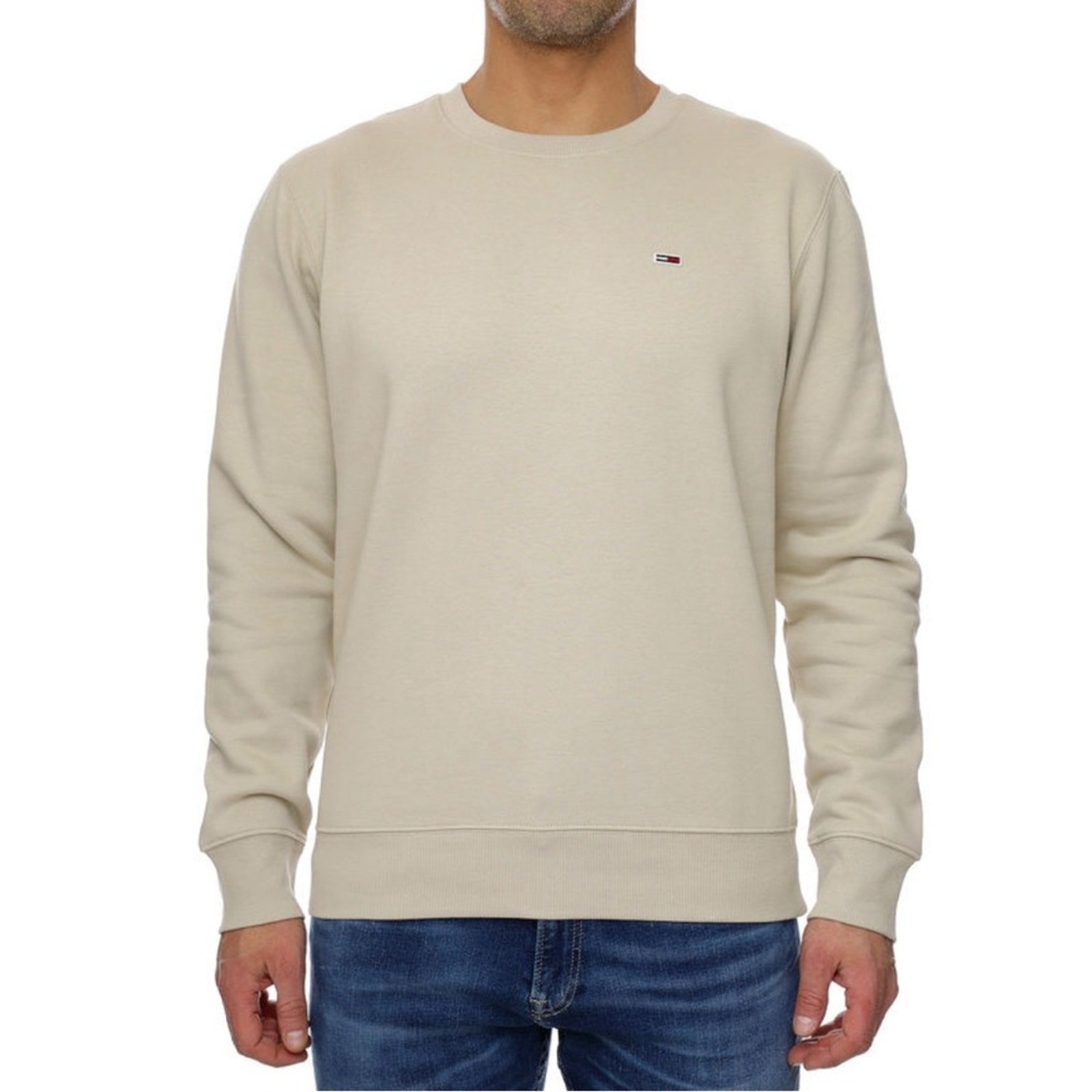 Tommy Hilfiger Mens Crew Neck Fleece Logo Sweat Shirt Khaki Tan Medium Long